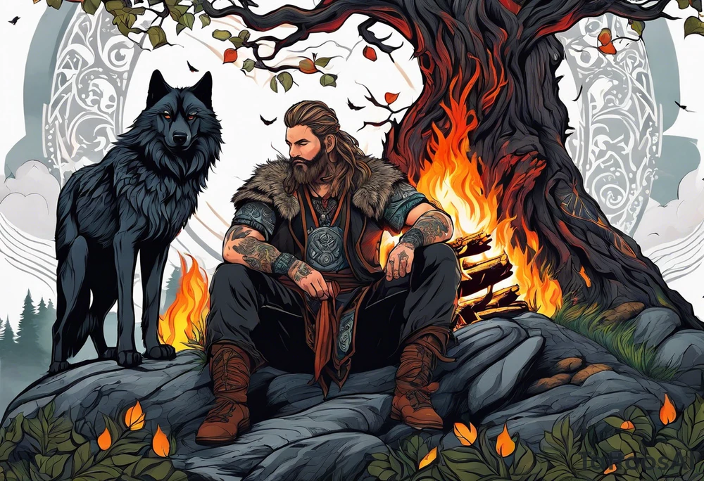 Germanic warrior
 sitting in front of a fire with the tree of life behind him and a wolf and a raven tattoo idea
