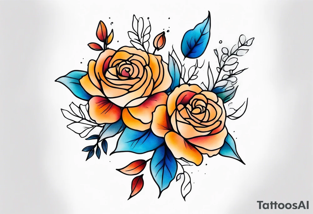 Front knee tattoo with fall colors, small flowers, rose, leaves, blue water flows with washes and background tattoo idea