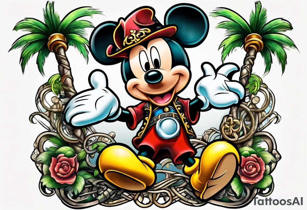 mickey mouse pirate with palm trees and celtic symbol for family tattoo idea