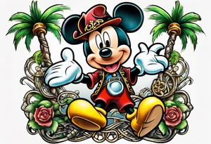 mickey mouse pirate with palm trees and celtic symbol for family tattoo idea