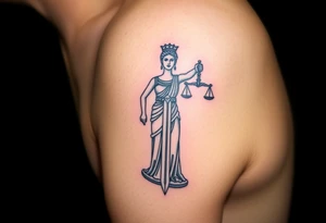 Neotraditional Lady Justice tattoo, forearm placement, vivid colors, sword facing down, regal tattoo idea