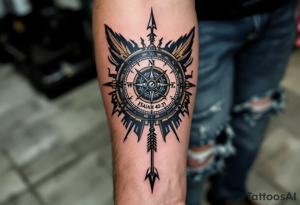steampunk half compass half clock with a full length arrow pointing at my wrist and saying "Isaiah 40:31" tattoo idea