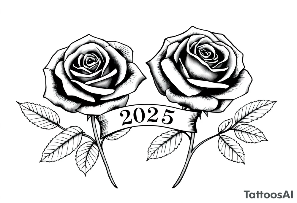 two beautiful large rose buds, one larger than the other, with lots and lots of leaves next to the rose buds, with one sitting slightly higher than the other, side-by-side.  Include a banner connecting the two roses with the year 2025 on it.   Use dark outlines with little shading. No stems tattoo idea