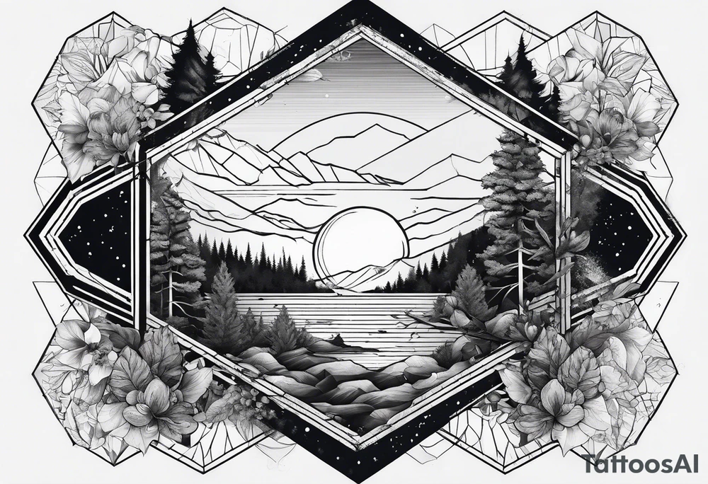 black hexagon filled with nature tattoo idea