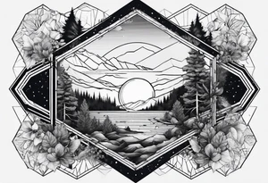 black hexagon filled with nature tattoo idea
