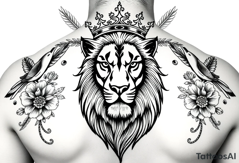 powerful majestic lion with a crown, surrounded by floral ornaments and birds tattoo idea
