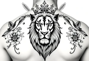 powerful majestic lion with a crown, surrounded by floral ornaments and birds tattoo idea