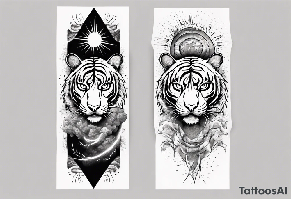 Ancient tiger with lightning and a sun for a forearm sleeve. With patterns surrounding it tattoo idea
