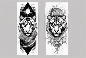Ancient tiger with lightning and a sun for a forearm sleeve. With patterns surrounding it tattoo idea