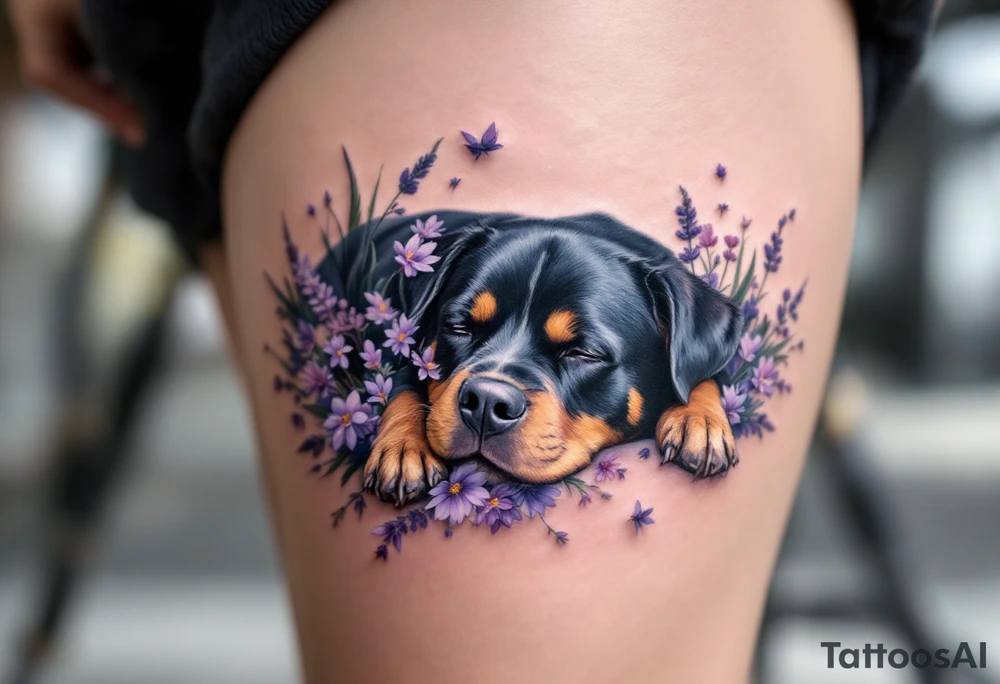 Rottweiler in Flowers – A full-body Rottweiler lying peacefully in a field of purple wildflower tattoo idea