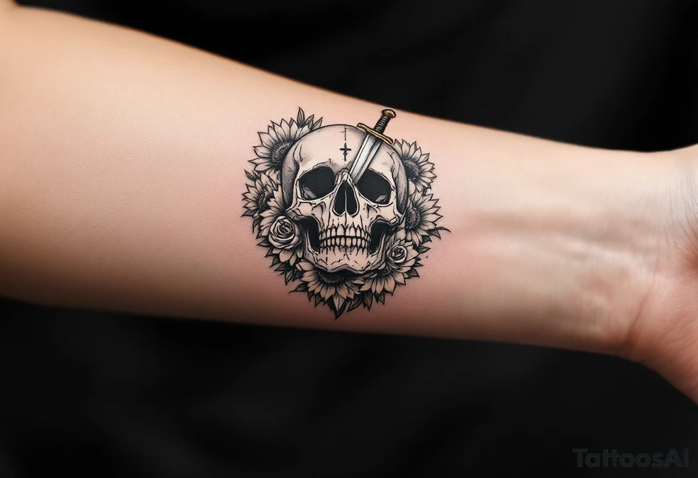 Skull, dagger piercing a heart with roses and sunflowers tattoo idea