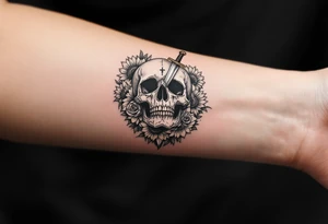 Skull, dagger piercing a heart with roses and sunflowers tattoo idea