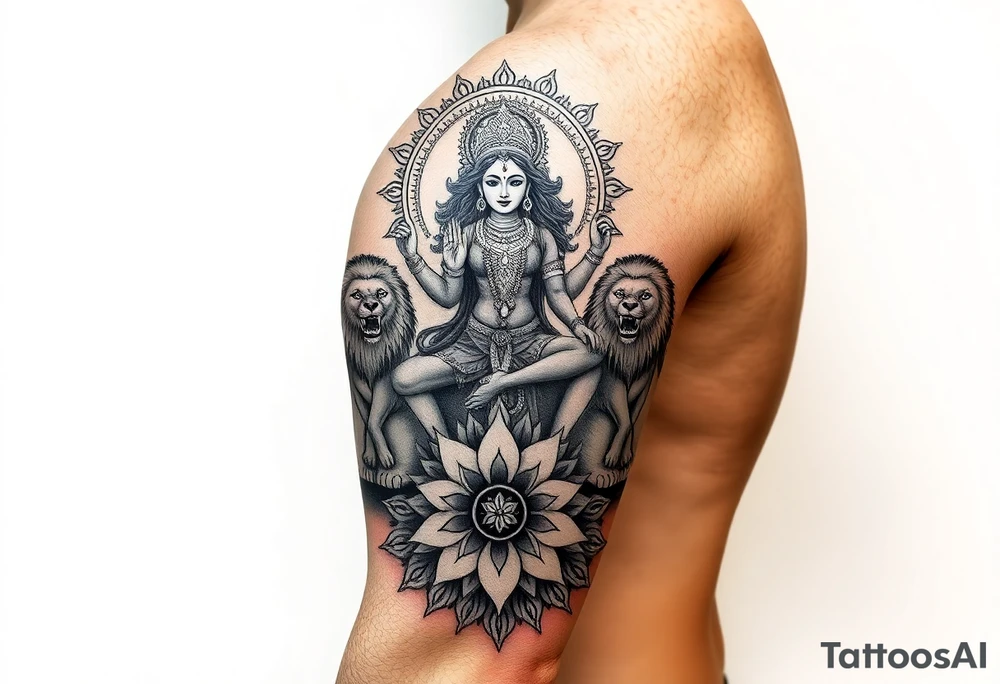 Realistic Durga sat on three lions
Surrounded by lotus chakra and mandala tattoo idea