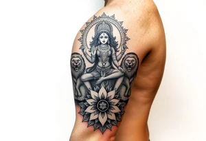 Realistic Durga sat on three lions
Surrounded by lotus chakra and mandala tattoo idea