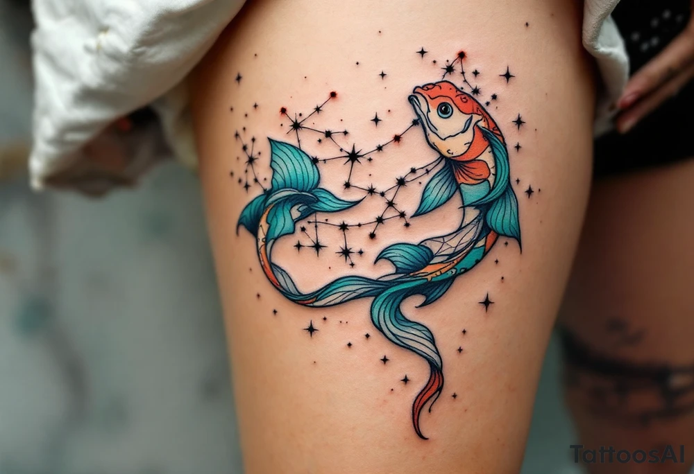 A Pisces star constellation in coral and turquoise threads its way through the Pisces sign in a mandala-style pattern. tattoo idea