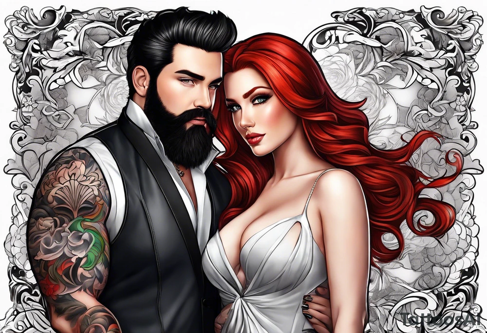 Busty red haired woman with a bearded man who has black hair tattoo idea