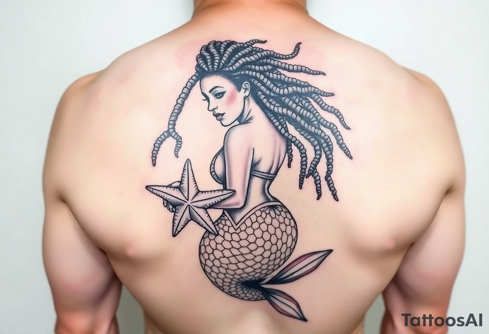 plus size black woman mermaid with locs holding a starfish tattoo idea