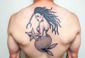 plus size black woman mermaid with locs holding a starfish tattoo idea