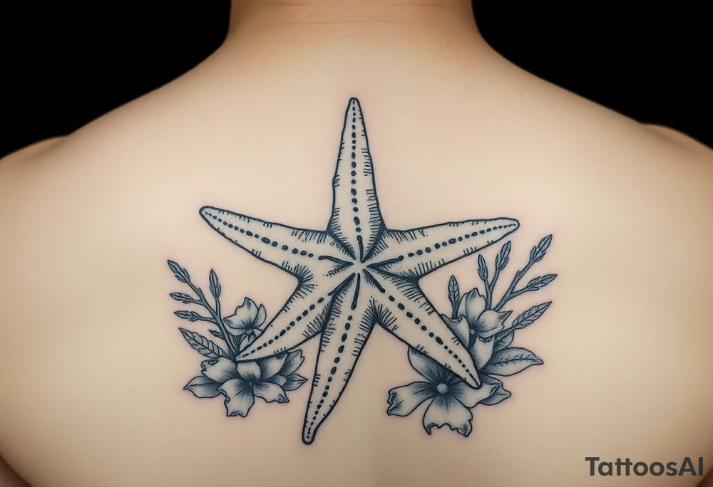 Starfish and sea flora done in the style used during World War Two tattoo idea