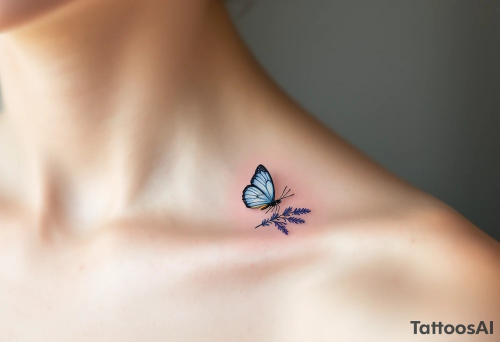 A butterfly landing on a lavender sprig, with soft pastel blue wings and intricate floral details. tattoo idea