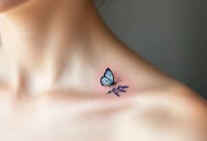 A butterfly landing on a lavender sprig, with soft pastel blue wings and intricate floral details. tattoo idea