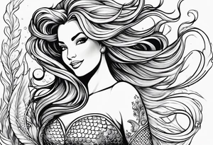 Mermaid full body, curvy, one arm up in the air, smiling tattoo idea