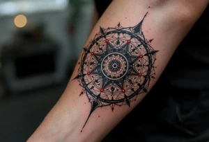 A charcoal black alchemical circle containing zodiac signs and red dots of energy at each point. tattoo idea