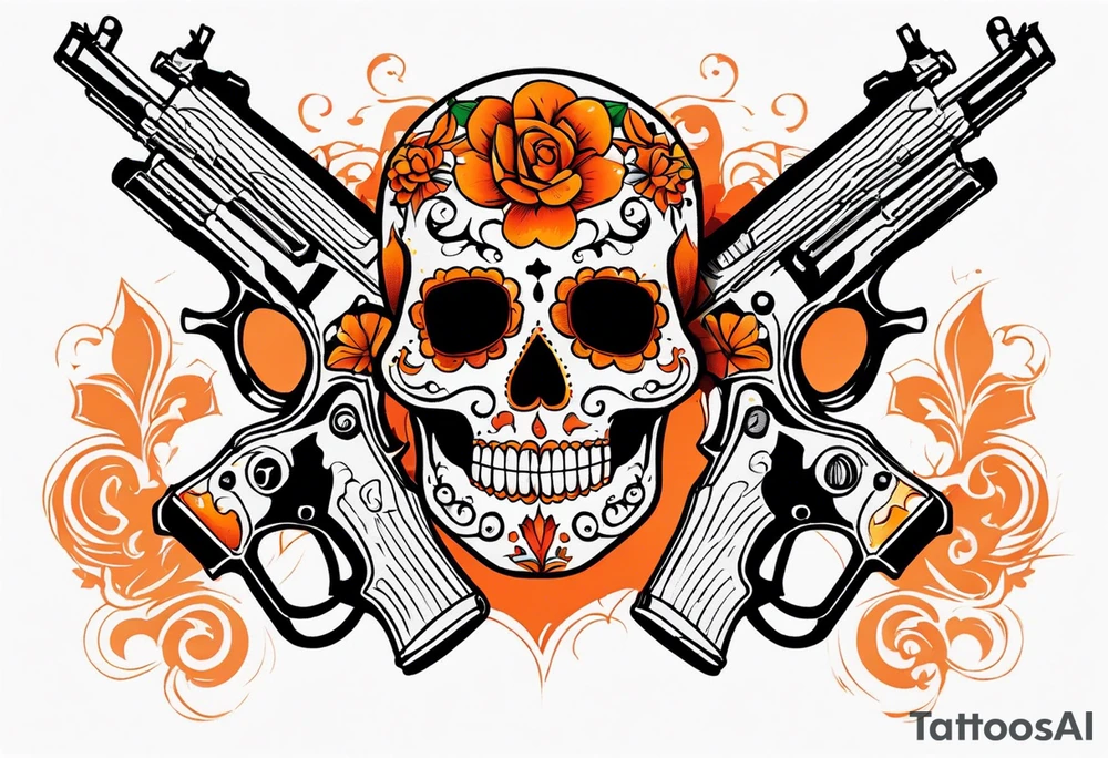 Orange Sugar skull with guns that are orange and red with smoke around it tattoo idea