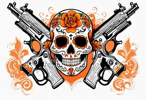 Orange Sugar skull with guns that are orange and red with smoke around it tattoo idea