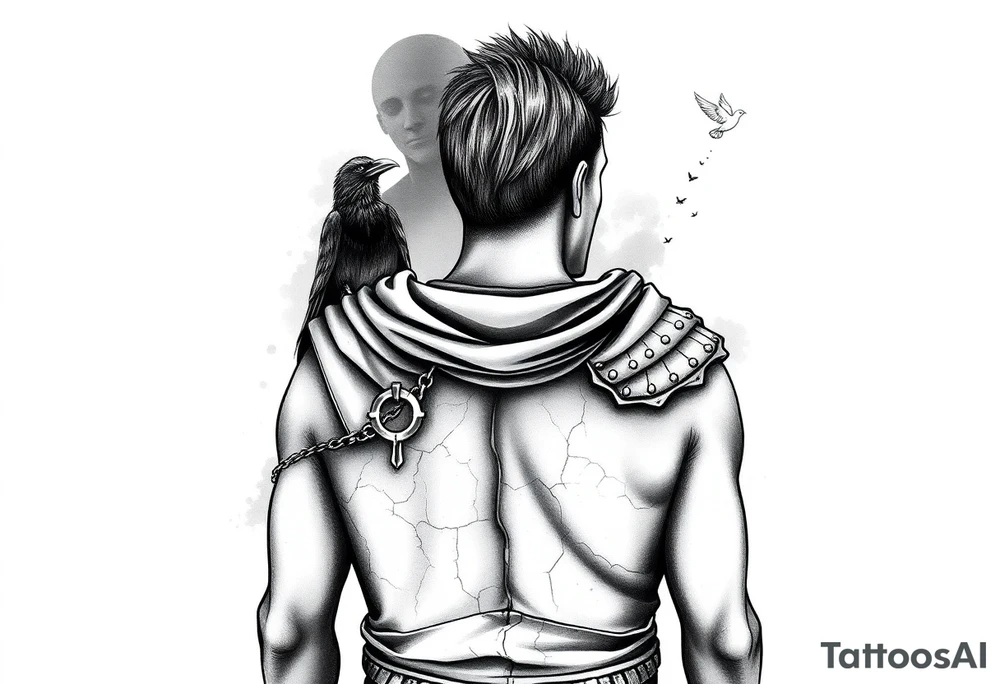 A black and grey tattoo sleeve design symbolizing silent battles and resilience. A worn gladiator with cracks in his armor stands tall, battle-weary but unbroken. Behind him, a shadowy figure represents the unseen struggles, partially obscured in mist. A single raven sits on his shoulder, symbolizing past darkness, while a faint dove soars above, representing faith and favor. Subtle tally marks blend into the background, representing victories no one sees. The design flows naturally with a balance of dark and light elements, blending realism with a slightly surreal feel. tattoo idea