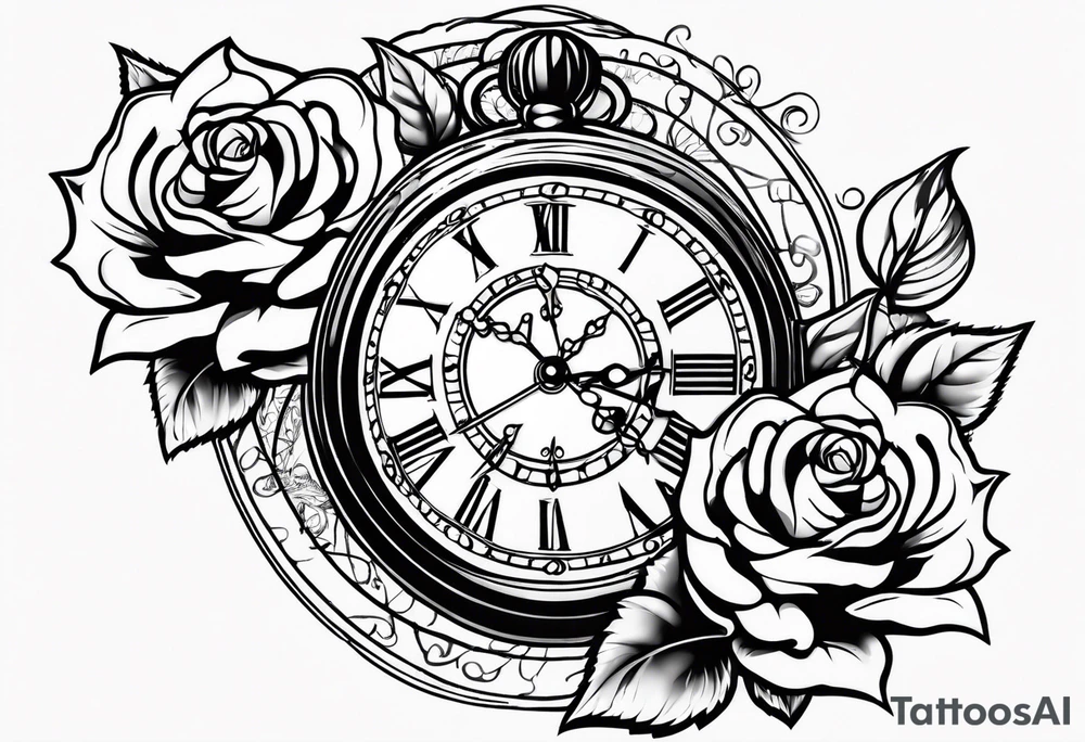 Pocket clock with chain and roses tattoo idea