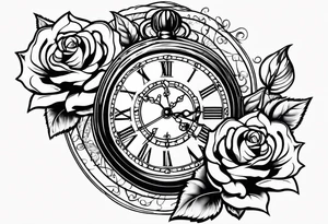 Pocket clock with chain and roses tattoo idea