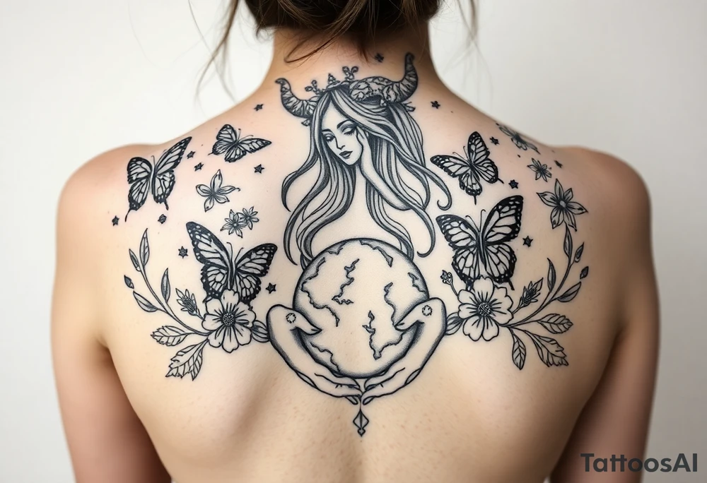 Taurus goddess with earth in her hands and butterflies and flowers all around her tattoo idea
