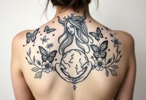 Taurus goddess with earth in her hands and butterflies and flowers all around her tattoo idea