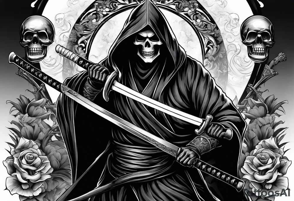 katana with grim reaper and skull tattoo idea