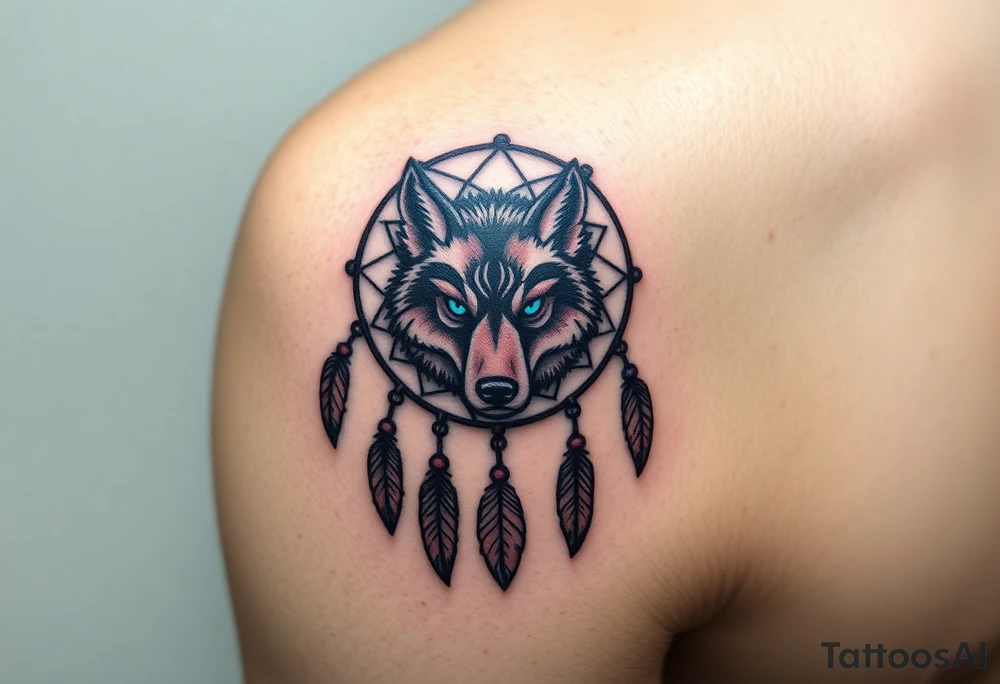 A detailed dreamcatcher with a wolf’s head in the center, surrounded by swirling feathers and beads. The wolf’s eyes glow in bright blue, with soft earth tones in the feathers tattoo idea