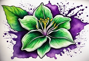 A mystical outline of a dipladenia flower and a green/purple watercolor splatter in the background to make the flower mainly green with purple highlights tattoo idea