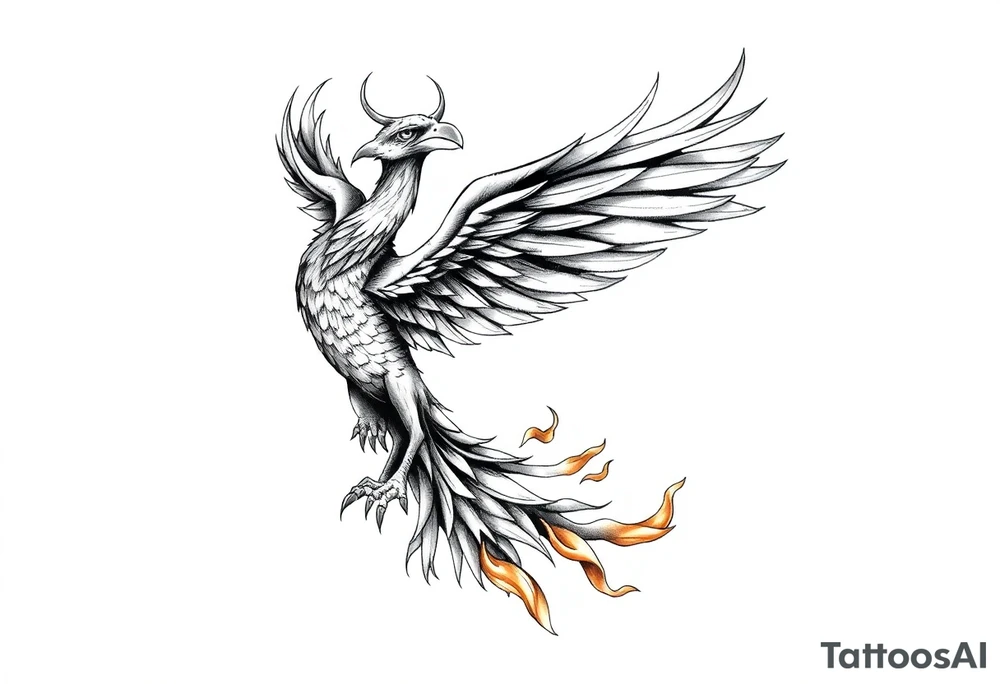 magnificent phoenix rising from golden flames with trailing embers tattoo idea