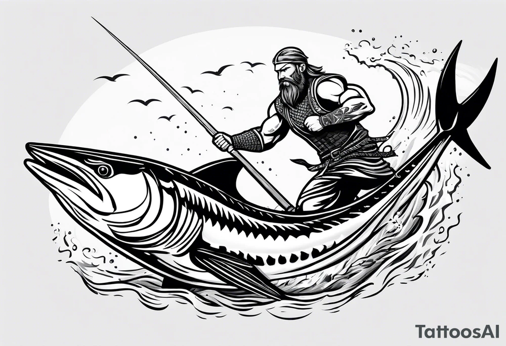 viking superhero catching a blue marlin with tuna jumping tattoo idea