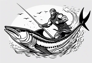 viking superhero catching a blue marlin with tuna jumping tattoo idea