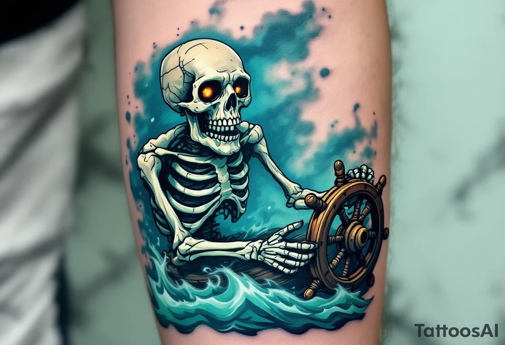 Skeleton Helmsman – A decayed pirate skeleton, gripping the wheel of a wrecked ghost ship, surrounded by misty blue and green fog. His hollow sockets burn with an undead curse, while the ship sails through stormy waves. tattoo idea