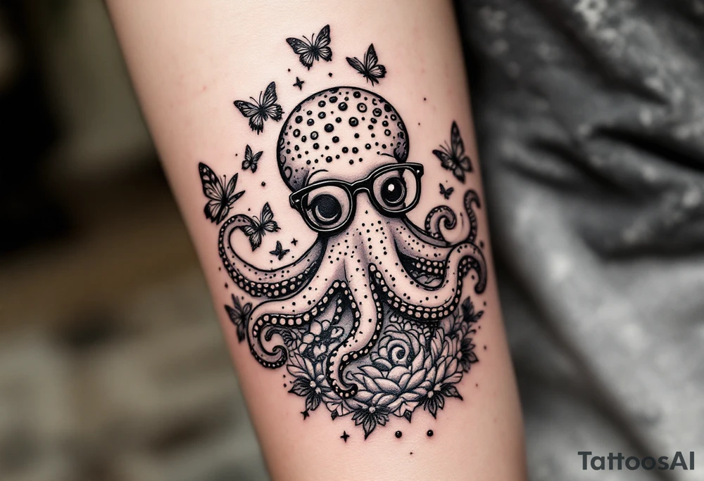 cute octopus, wearing glasses, friendly, surrounded by butterflies and oceanic items, trippy, acid tattoo idea