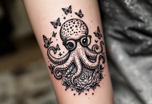 cute octopus, wearing glasses, friendly, surrounded by butterflies and oceanic items, trippy, acid tattoo idea