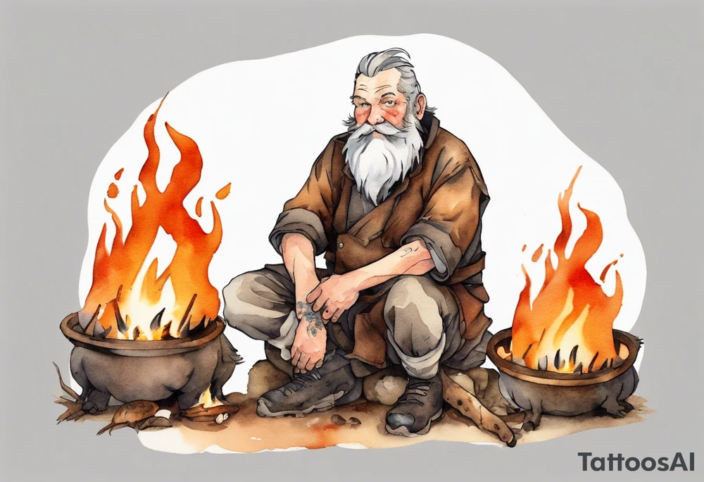 a 55-year-old large Bavarian man with a grey beard wearing a brown and black tunic sitting by a campfire with his pet boar tattoo idea