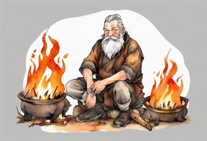 a 55-year-old large Bavarian man with a grey beard wearing a brown and black tunic sitting by a campfire with his pet boar tattoo idea