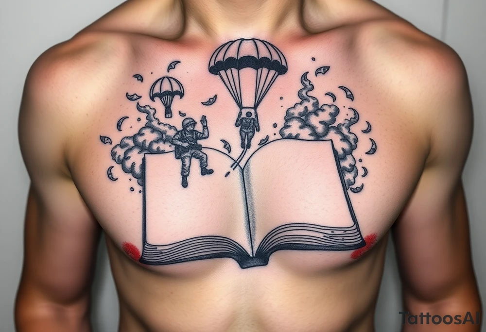A parachuting soldier falling into an open book. Chaos surrounding, but the book is protecting the soldier from it. On the chest. Make the tattoo smaller. Make it thought provoking. Make the chaos in the environment be an eerie mist. Make the pages in the book be blank. Just one soldier, no other characters. the book is old. tattoo idea