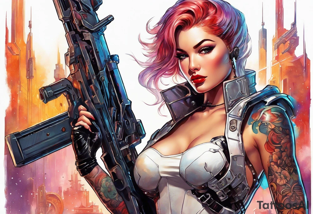 cyborg pinup girl holding massive weapon, retro futurism, no tattoos tattoo idea