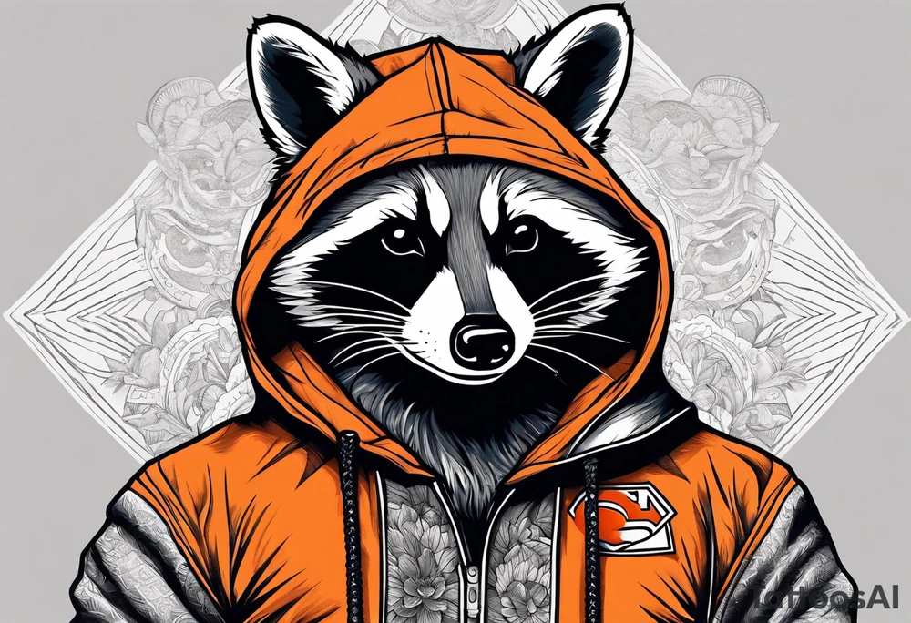 Raccoon wearing an orange Superman hoodie tattoo idea
