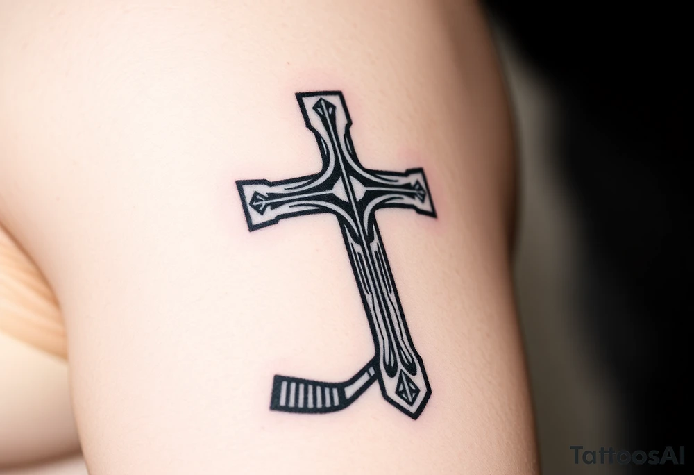 Realistic hockey stick made as a cross tattoo idea