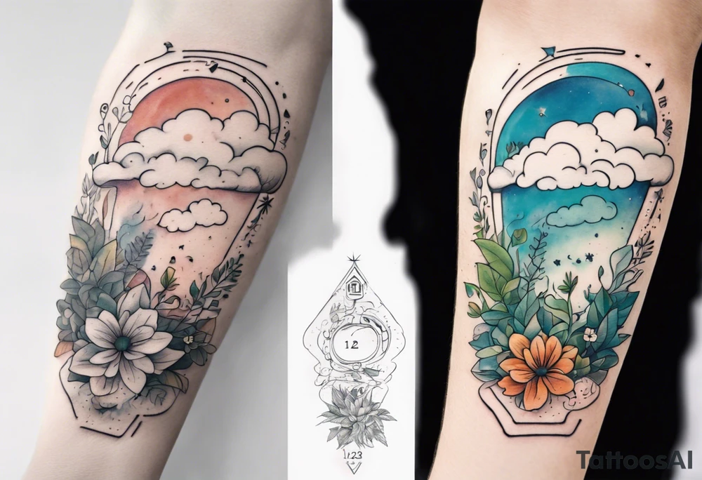 a forearm tattoo with a cloud with little plants and underneath it the date 12.08.05 tattoo idea